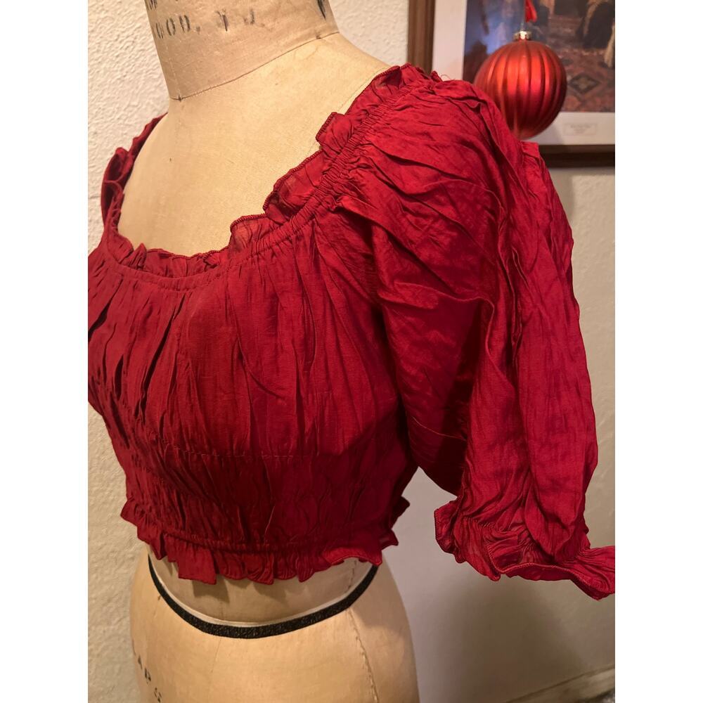 Dark Red Square Neck Ruffled Lantern Sleeve Cropped Top NWT Size XL - Picture 5 of 10